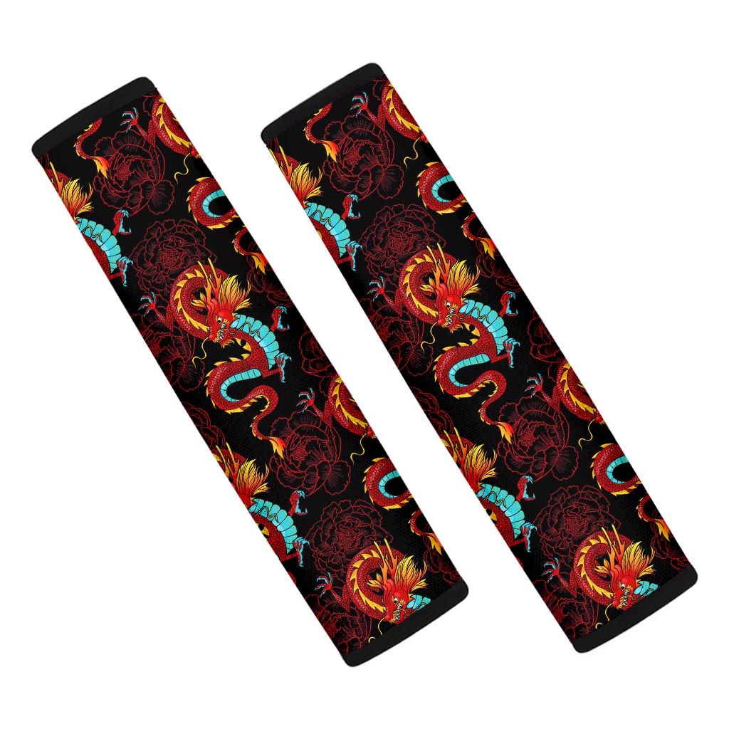 Red Dragon Lotus Pattern Print Car Seat Belt Covers