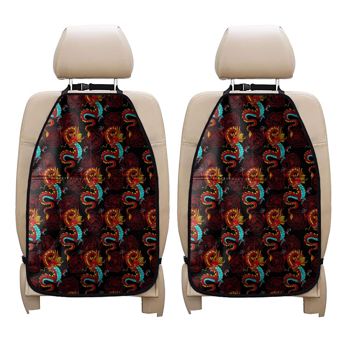 Red Dragon Lotus Pattern Print Car Seat Organizers