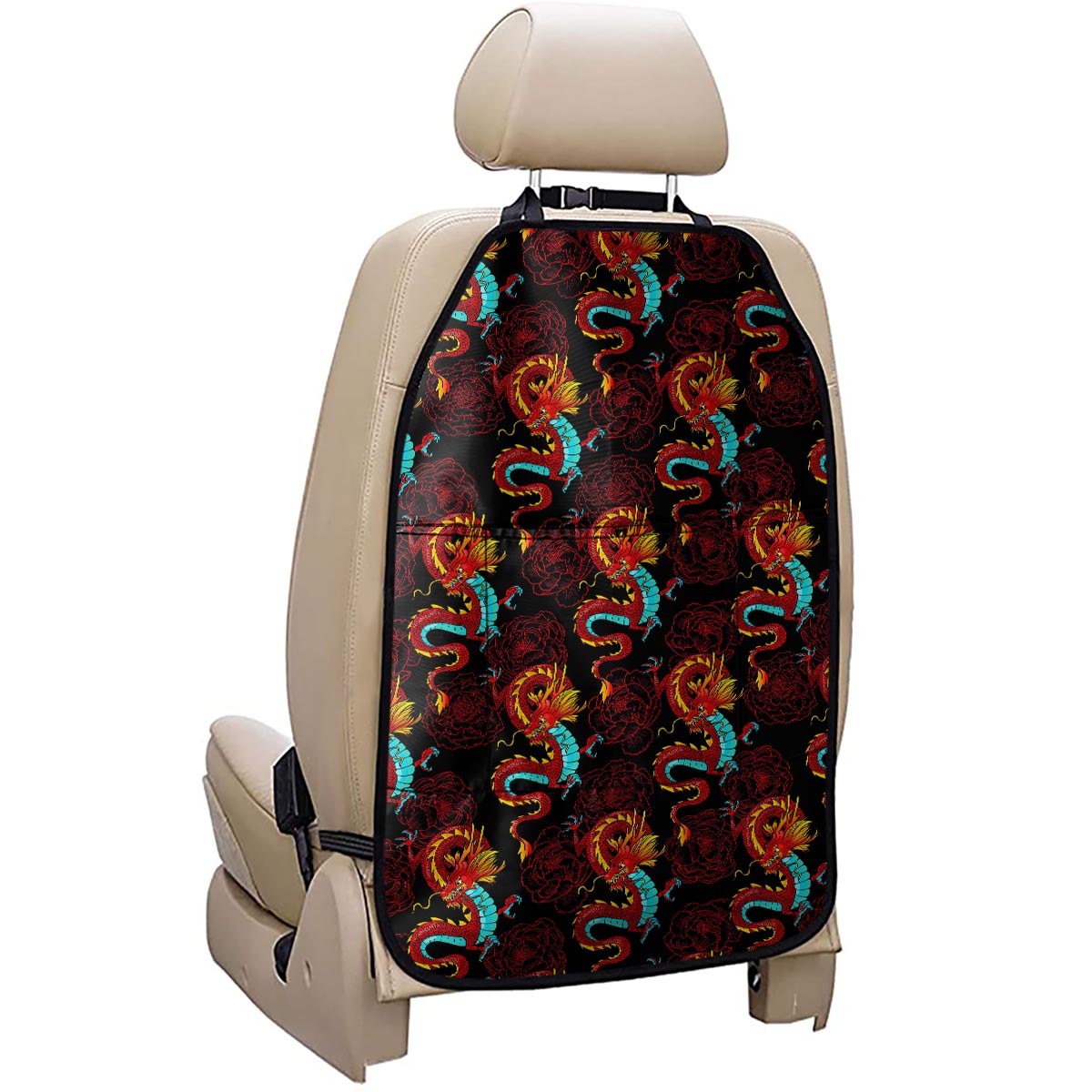 Red Dragon Lotus Pattern Print Car Seat Organizers