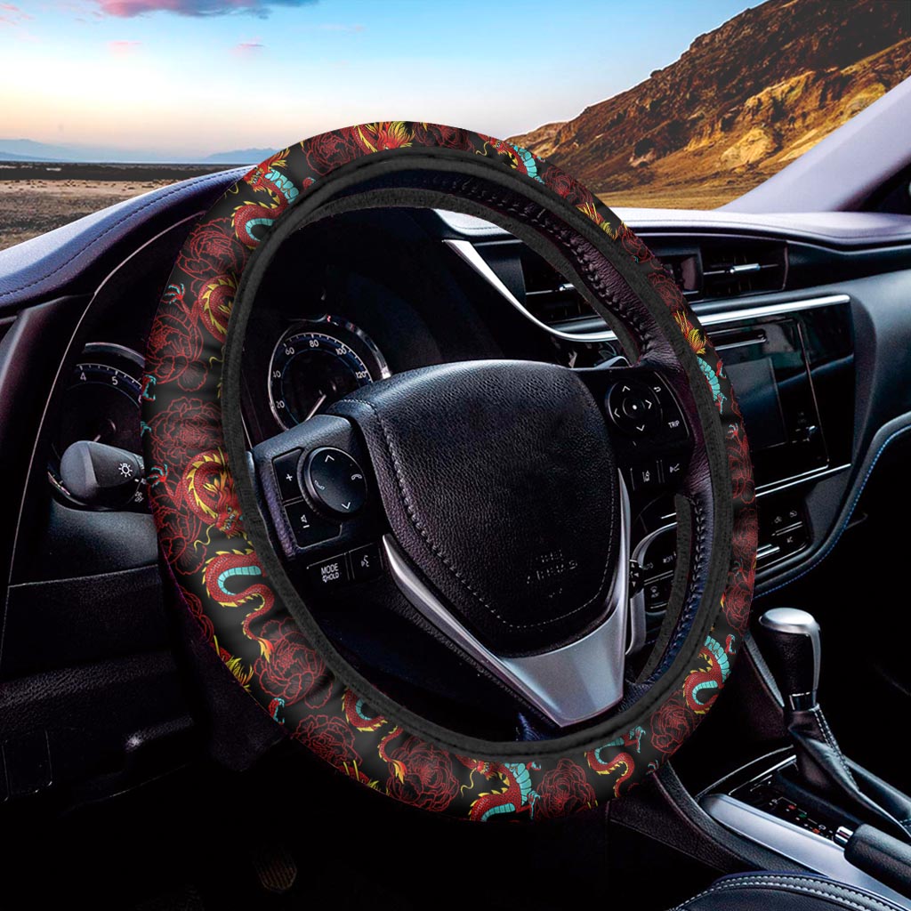 Red Dragon Lotus Pattern Print Car Steering Wheel Cover