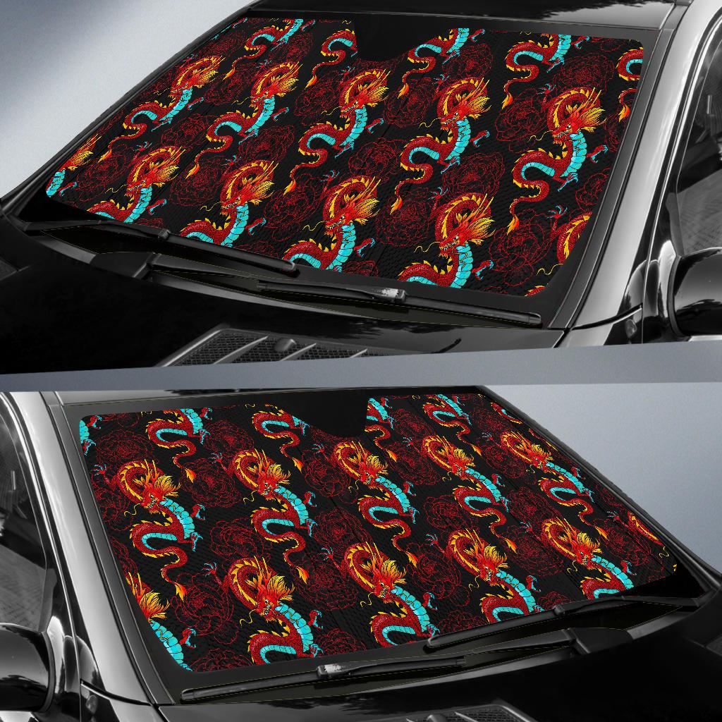 Red Dragon Lotus Pattern Print Car Sun Shade GearFrost