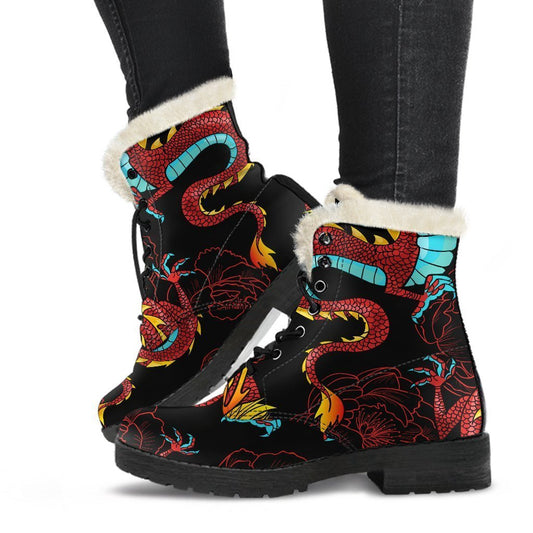 Red Dragon Lotus Pattern Print Comfy Boots GearFrost