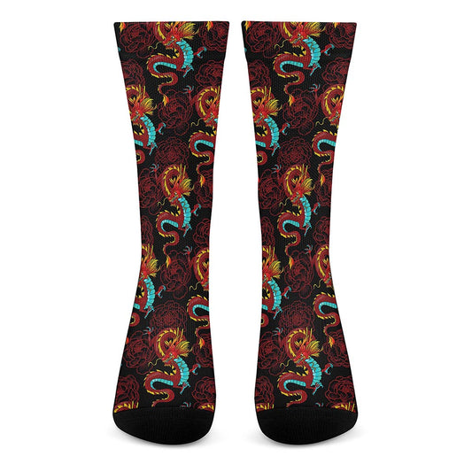 Red Dragon Lotus Pattern Print Crew Socks