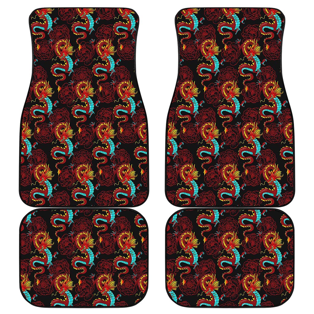 Red Dragon Lotus Pattern Print Front and Back Car Floor Mats