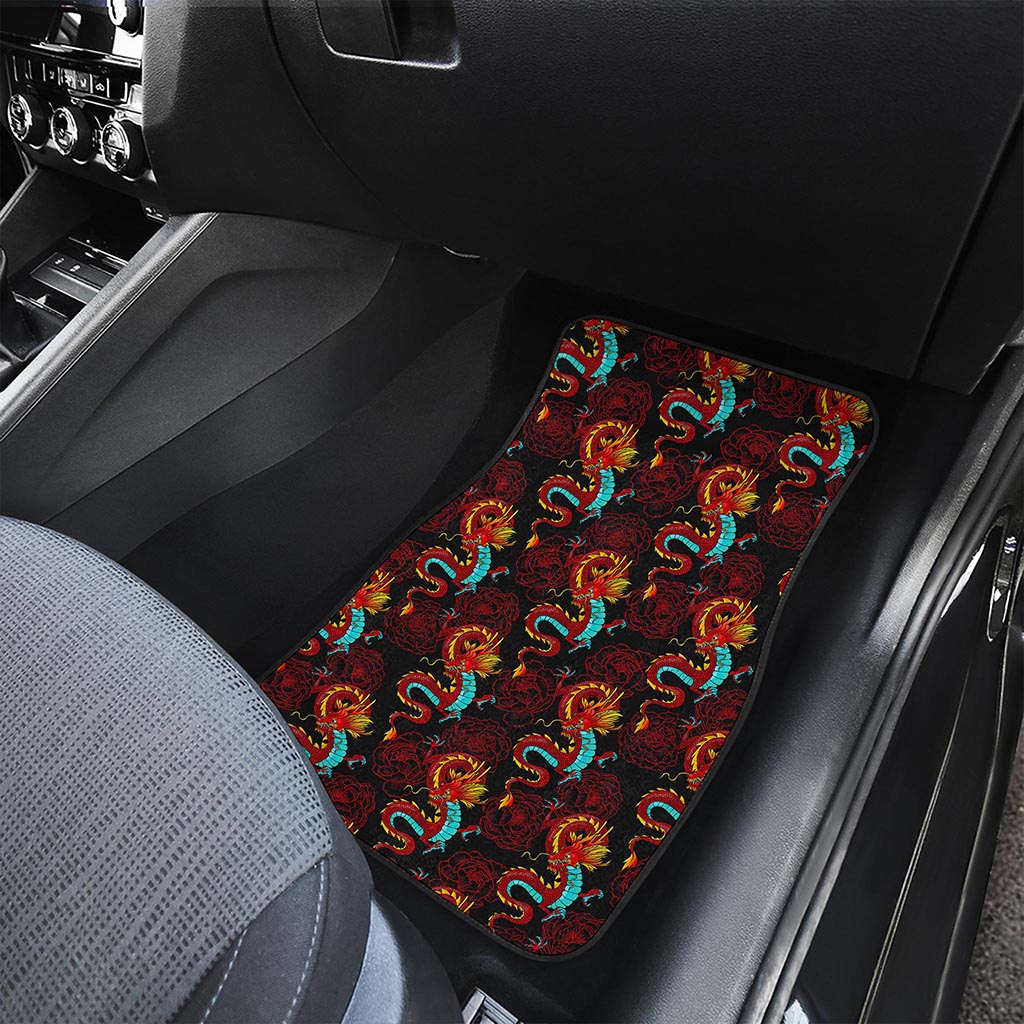 Red Dragon Lotus Pattern Print Front and Back Car Floor Mats