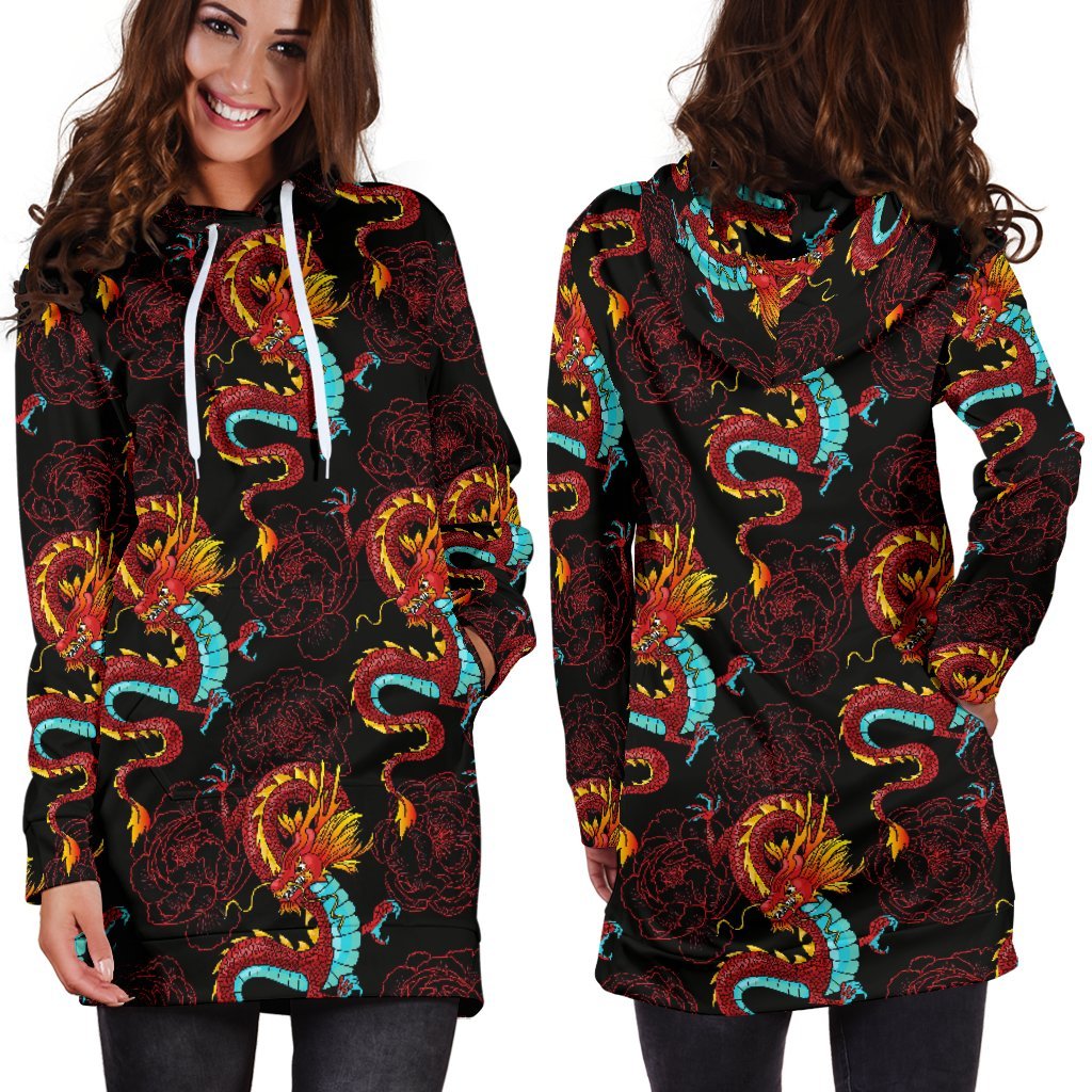 Red Dragon Lotus Pattern Print Hoodie Dress GearFrost