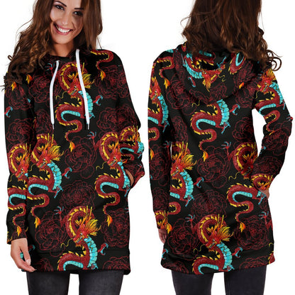 Red Dragon Lotus Pattern Print Hoodie Dress GearFrost