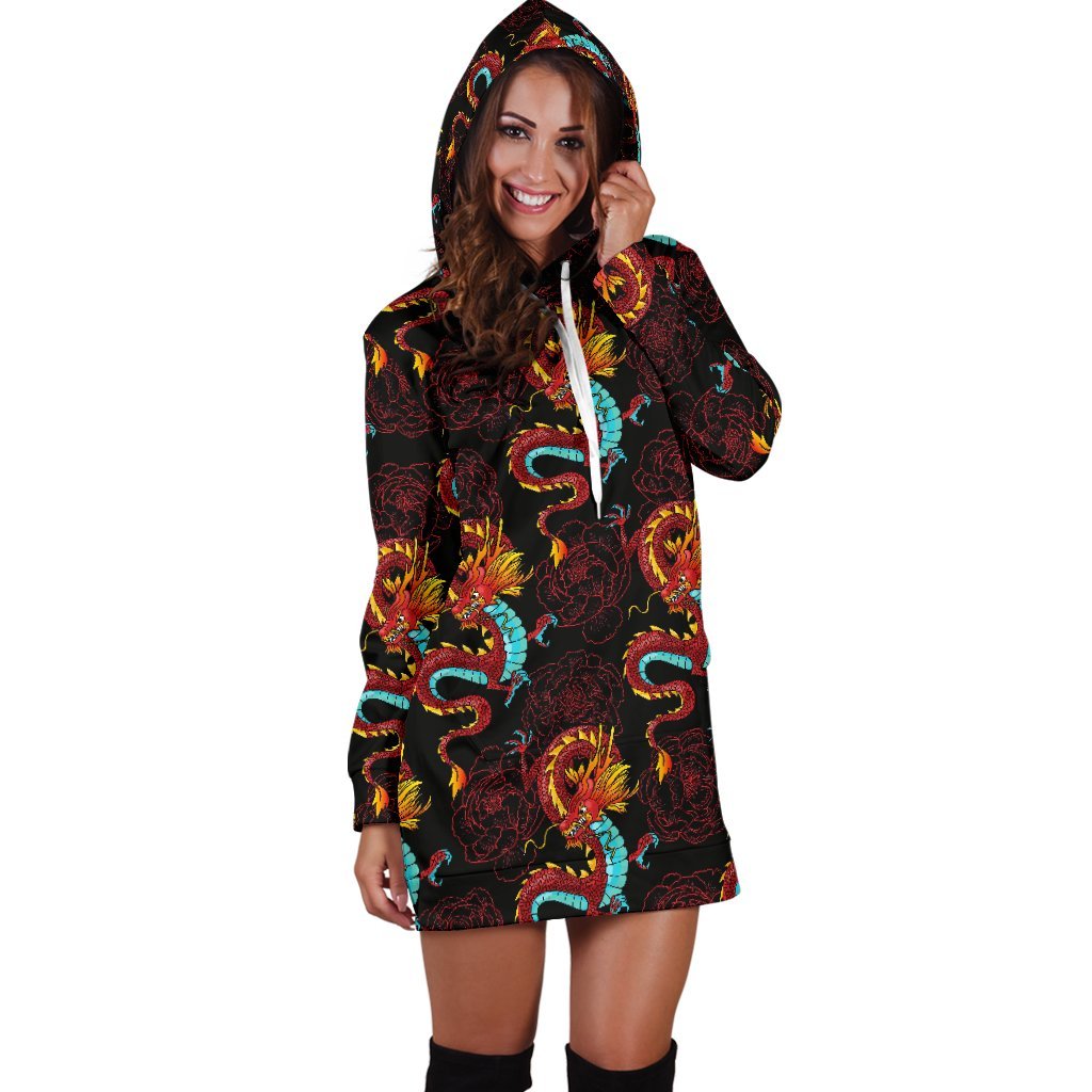 Red Dragon Lotus Pattern Print Hoodie Dress GearFrost