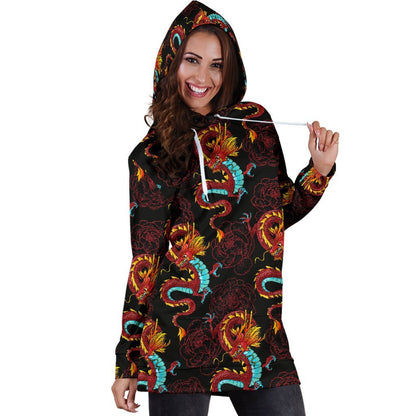 Red Dragon Lotus Pattern Print Hoodie Dress GearFrost