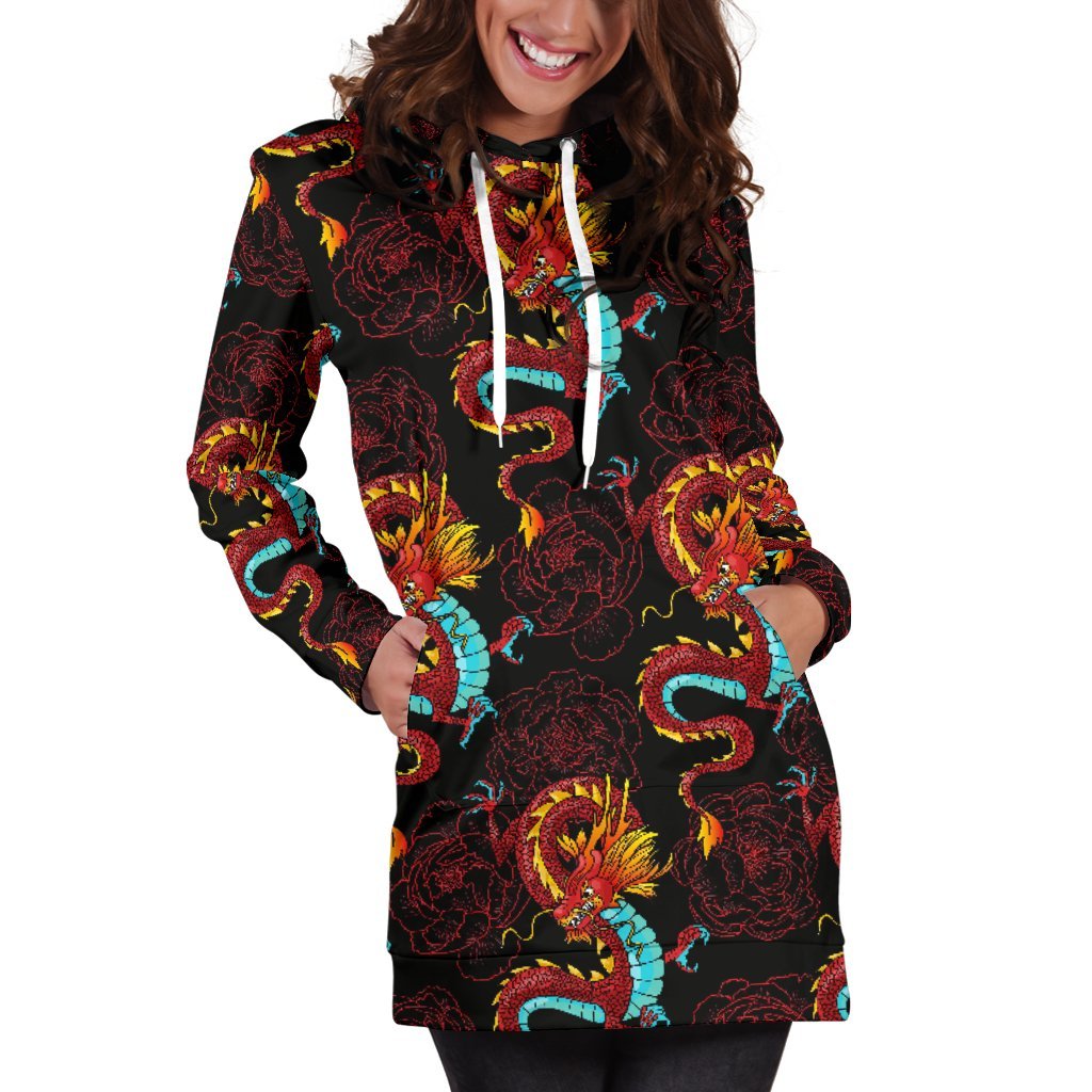 Red Dragon Lotus Pattern Print Hoodie Dress GearFrost