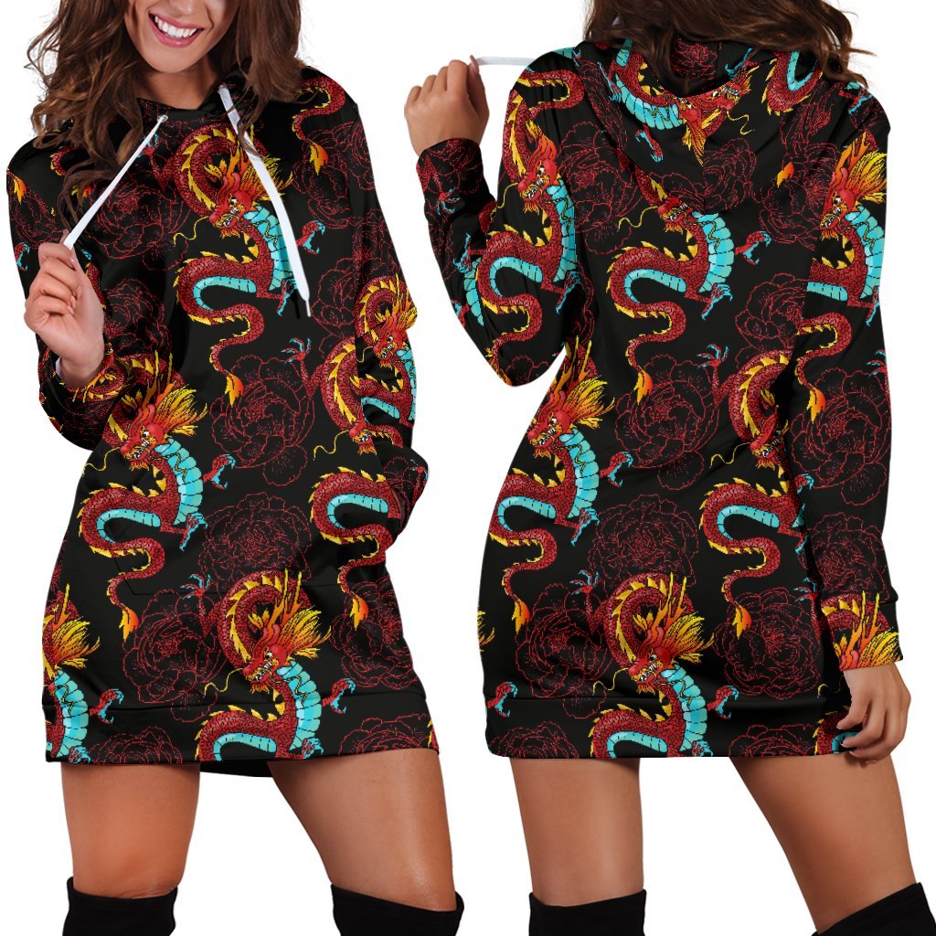 Red Dragon Lotus Pattern Print Hoodie Dress GearFrost