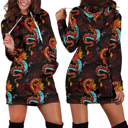 Red Dragon Lotus Pattern Print Hoodie Dress GearFrost