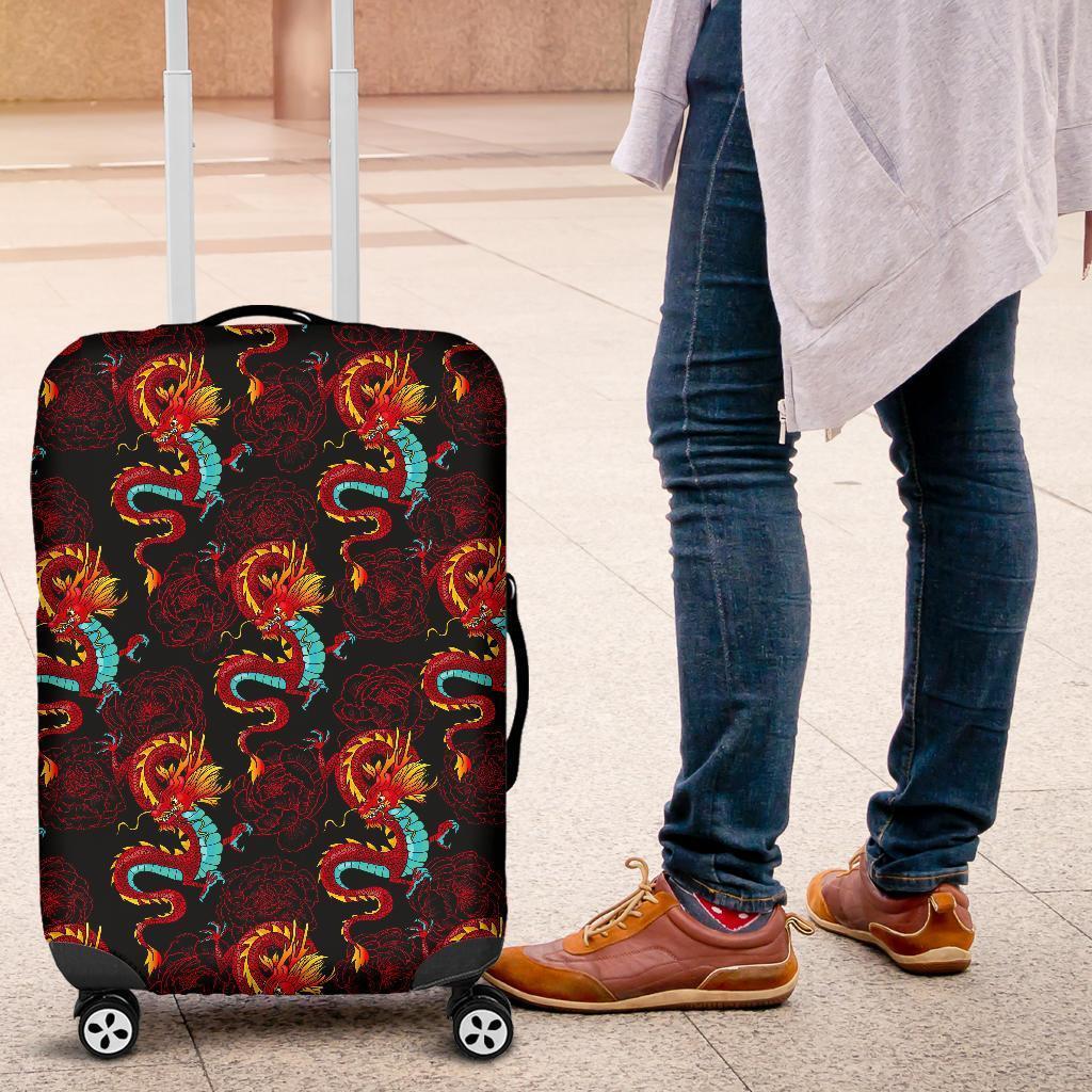 Red Dragon Lotus Pattern Print Luggage Cover GearFrost