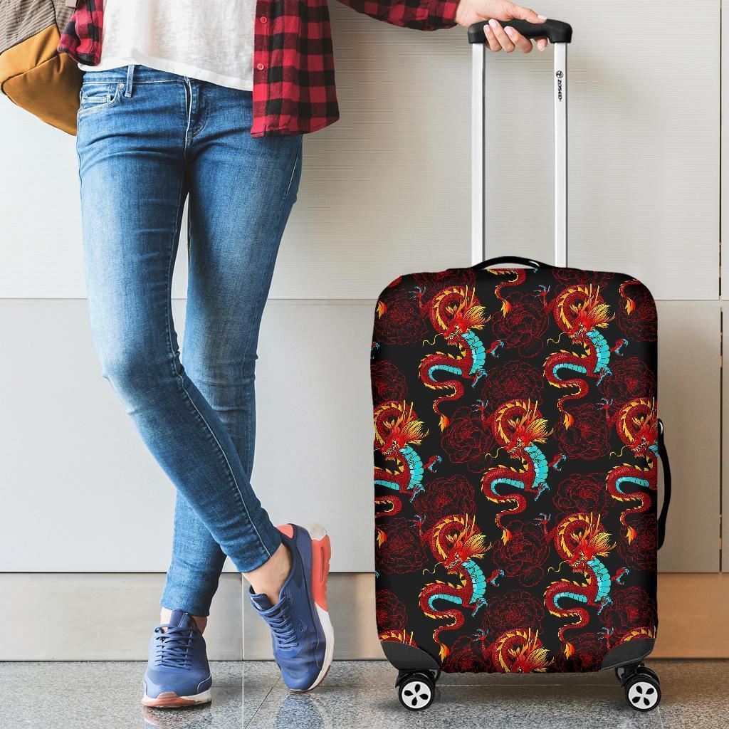 Red Dragon Lotus Pattern Print Luggage Cover GearFrost