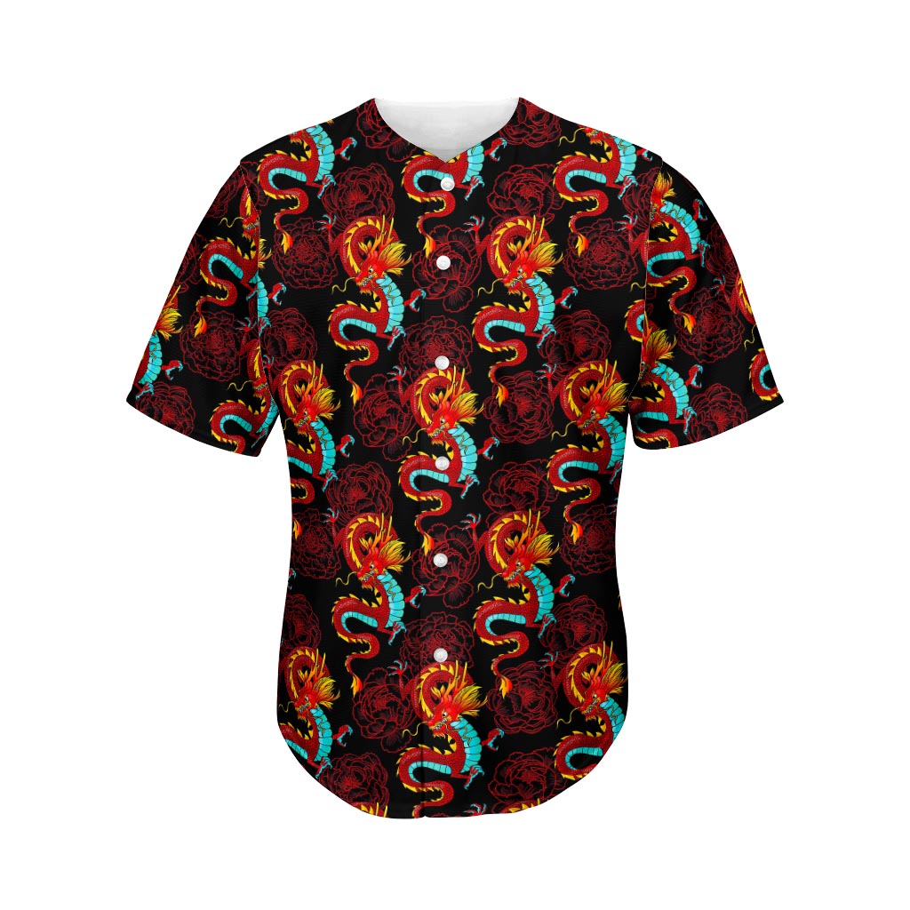 Red Dragon Lotus Pattern Print Men's Baseball Jersey