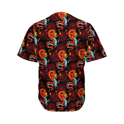 Red Dragon Lotus Pattern Print Men's Baseball Jersey