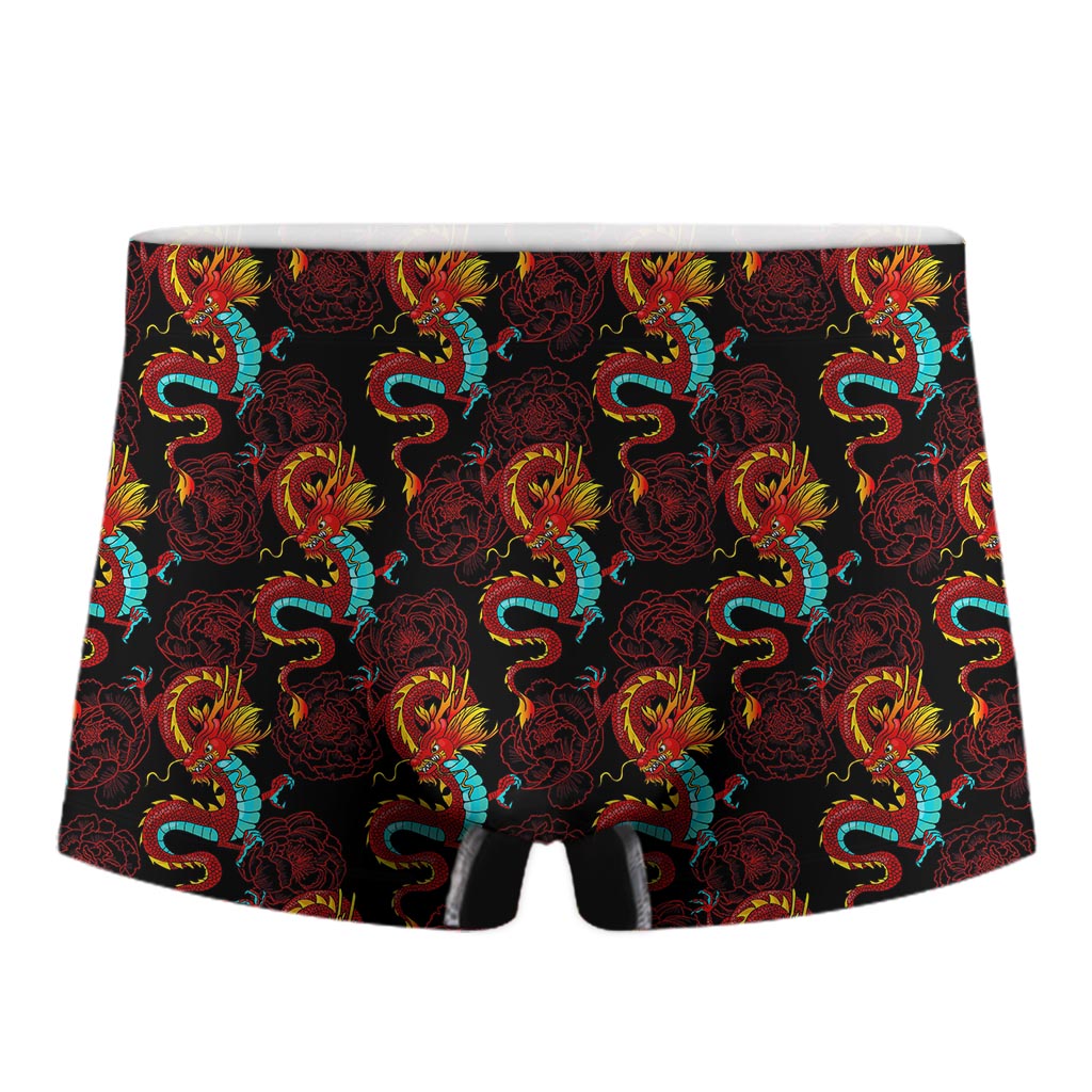 Red Dragon Lotus Pattern Print Men's Boxer Briefs