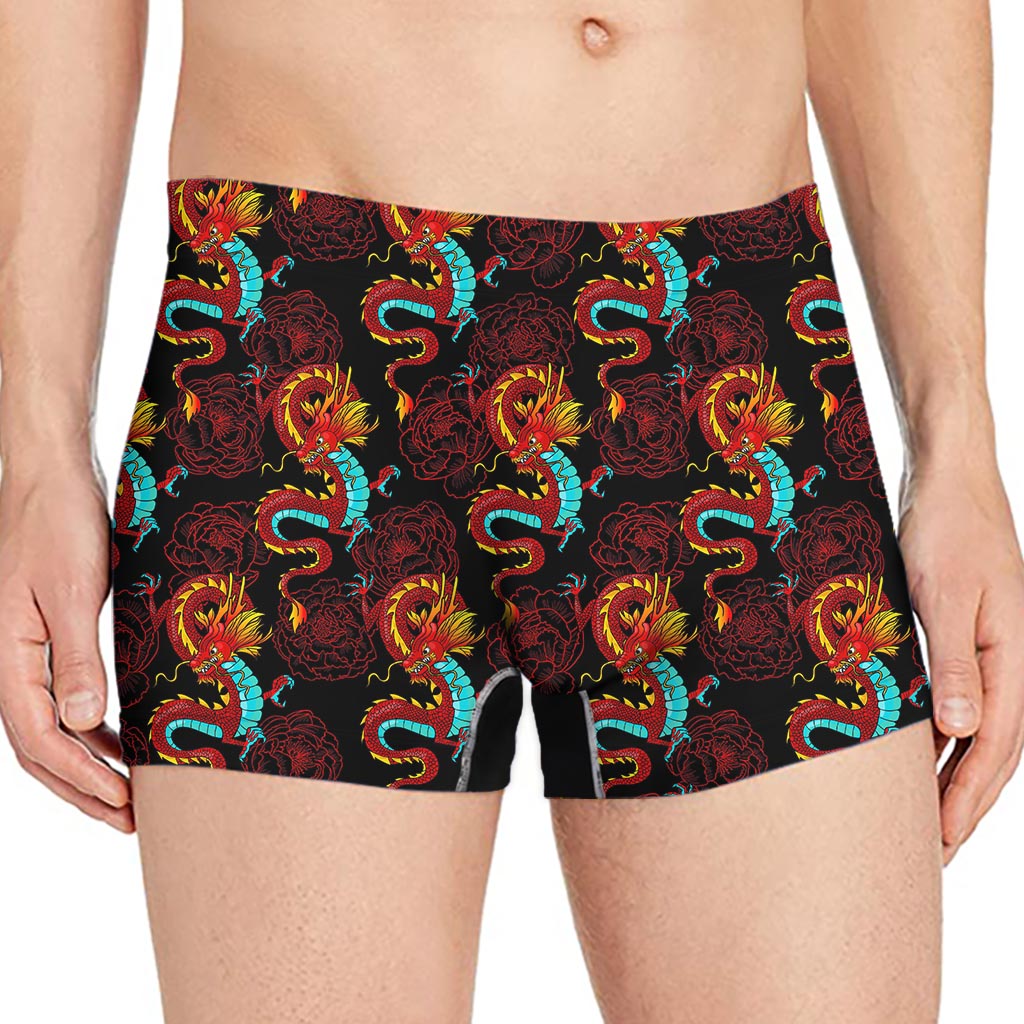 Red Dragon Lotus Pattern Print Men's Boxer Briefs