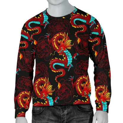 Red Dragon Lotus Pattern Print Men's Crewneck Sweatshirt GearFrost