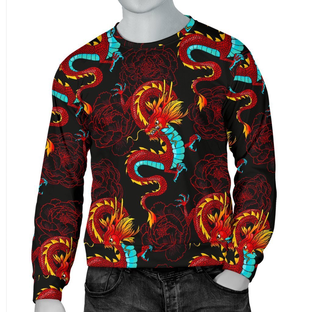 Red Dragon Lotus Pattern Print Men's Crewneck Sweatshirt GearFrost