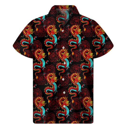 Red Dragon Lotus Pattern Print Men's Short Sleeve Shirt