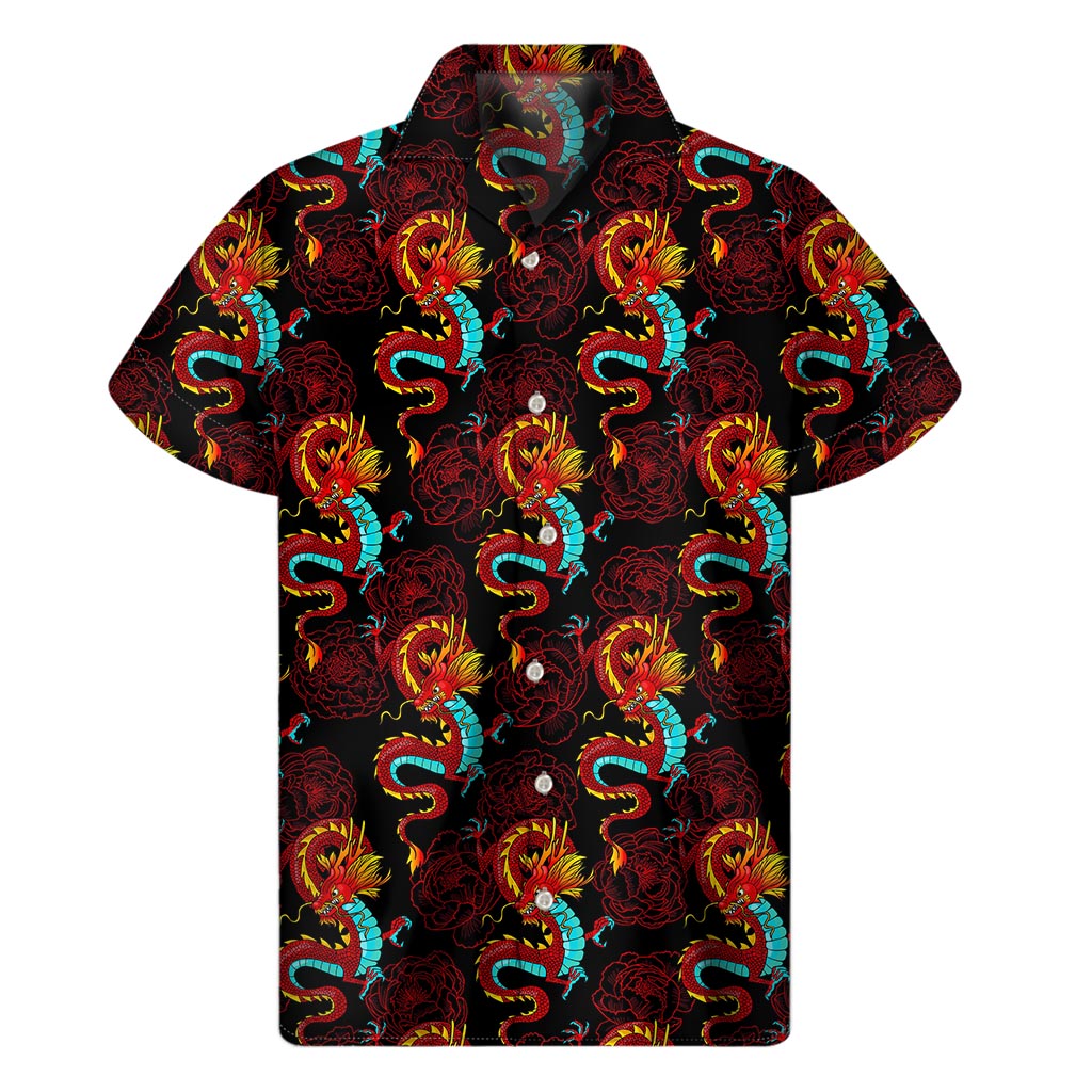Red Dragon Lotus Pattern Print Men's Short Sleeve Shirt
