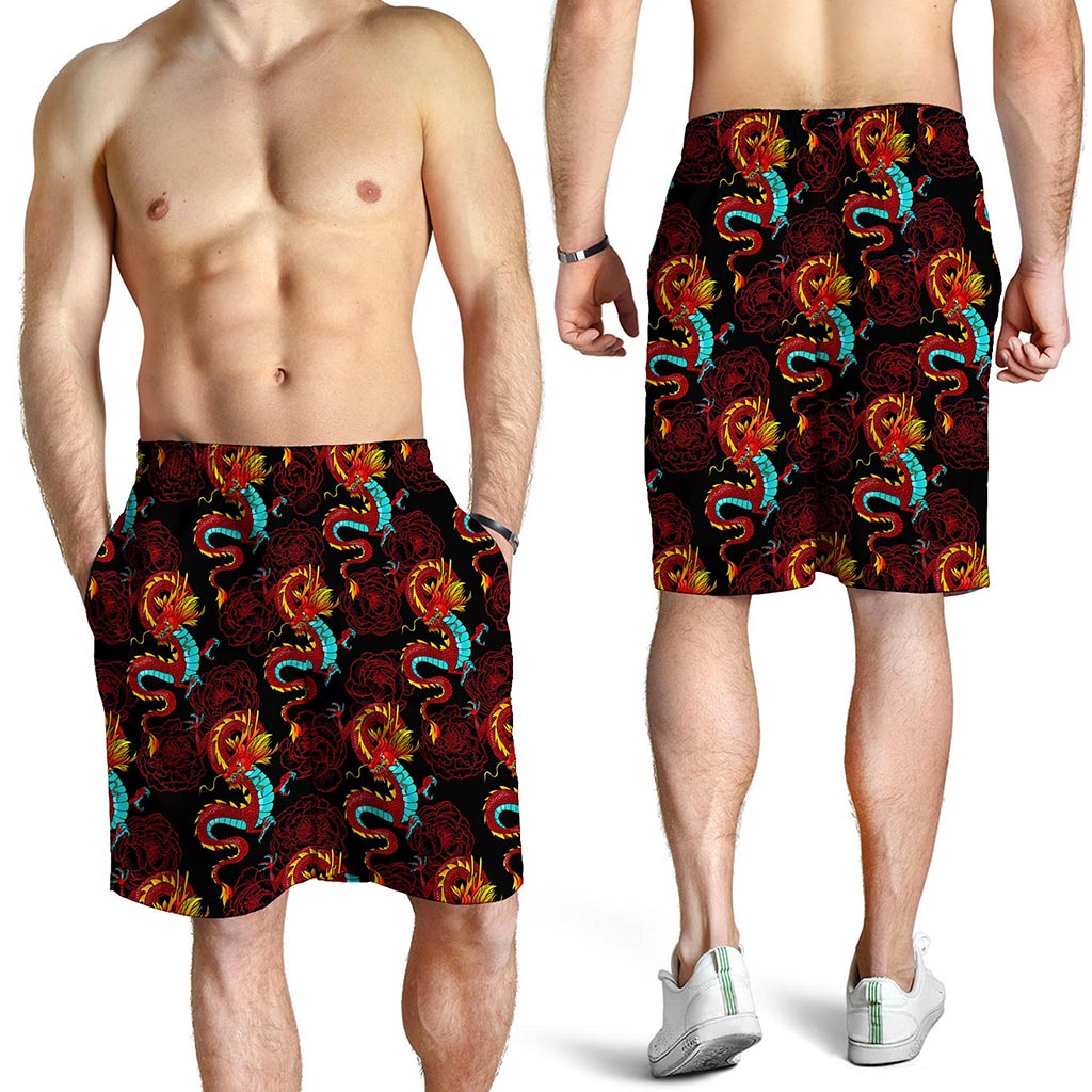 Red Dragon Lotus Pattern Print Men's Shorts