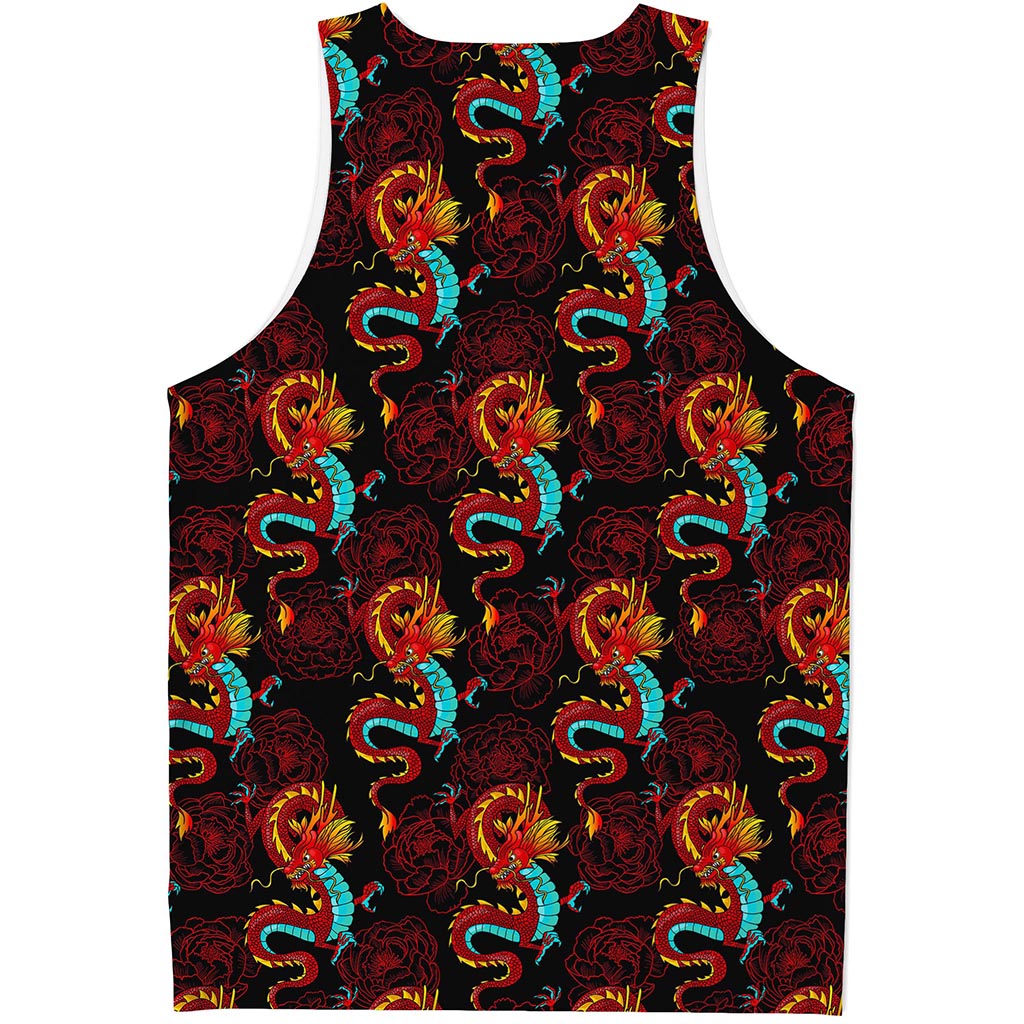 Red Dragon Lotus Pattern Print Men's Tank Top