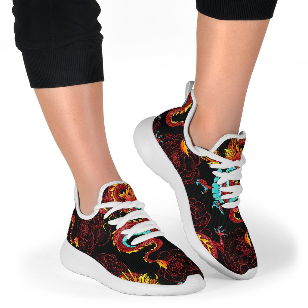 Red Dragon Lotus Pattern Print Mesh Knit Shoes GearFrost