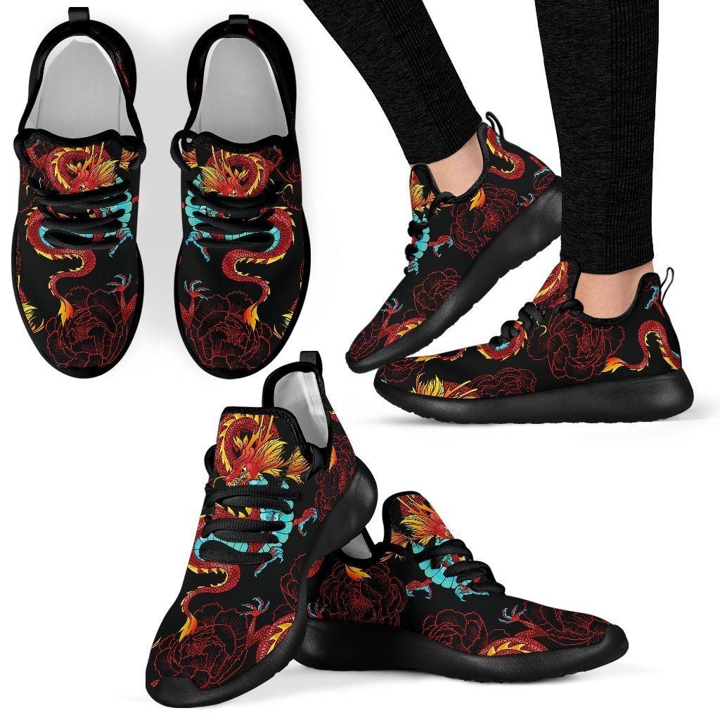 Red Dragon Lotus Pattern Print Mesh Knit Shoes GearFrost