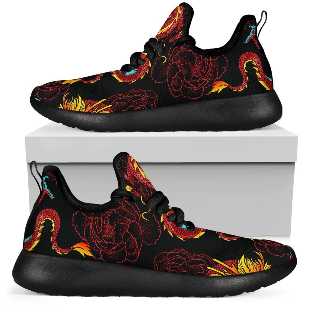 Red Dragon Lotus Pattern Print Mesh Knit Shoes GearFrost