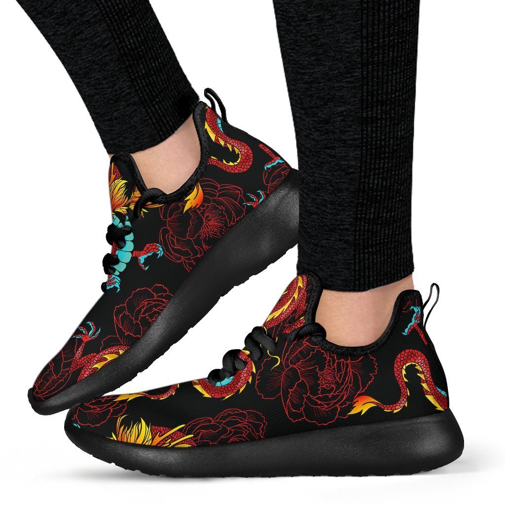 Red Dragon Lotus Pattern Print Mesh Knit Shoes GearFrost