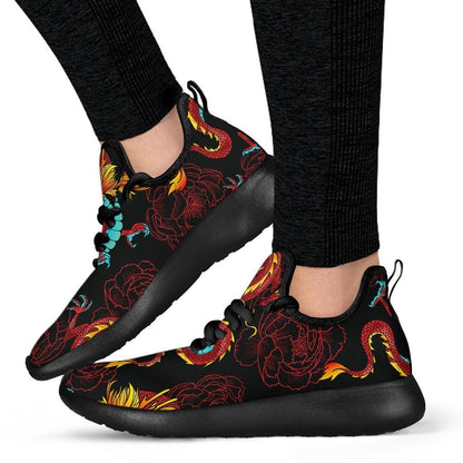 Red Dragon Lotus Pattern Print Mesh Knit Shoes GearFrost