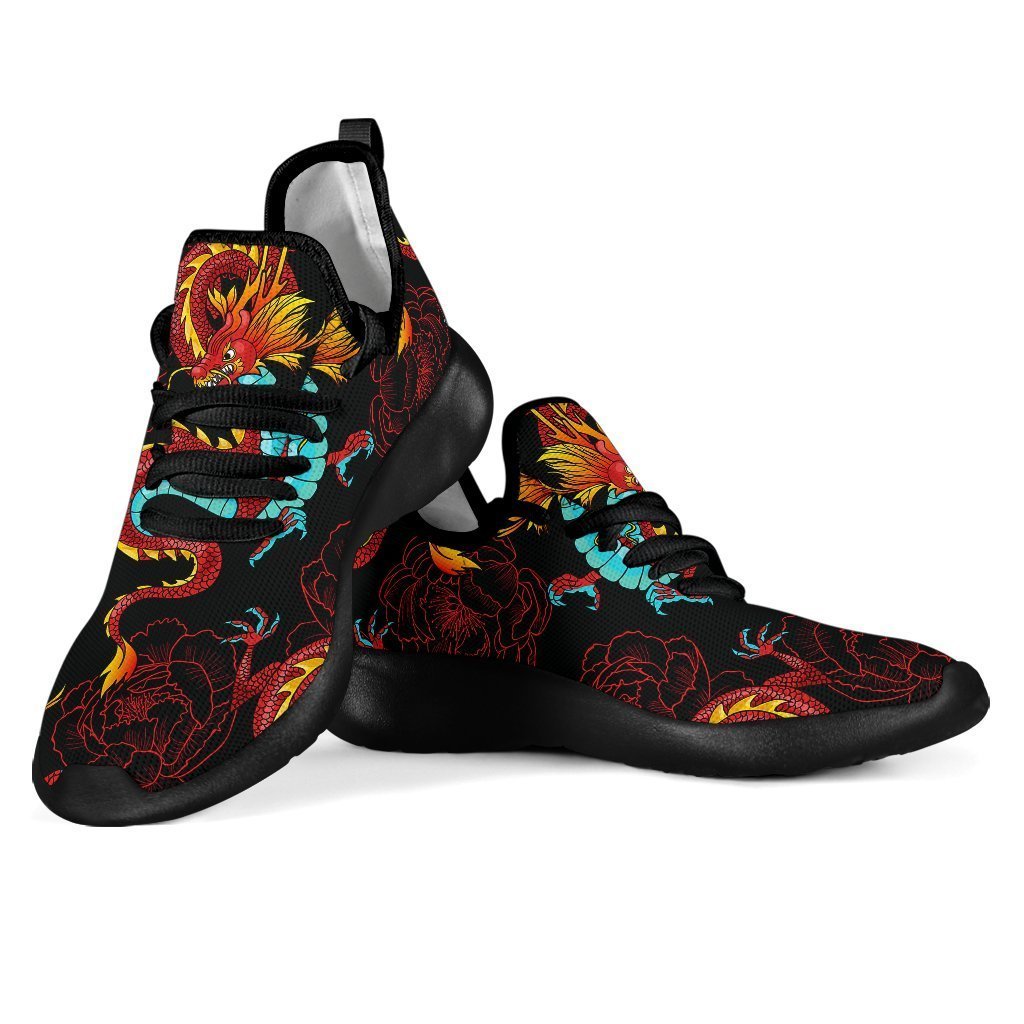 Red Dragon Lotus Pattern Print Mesh Knit Shoes GearFrost