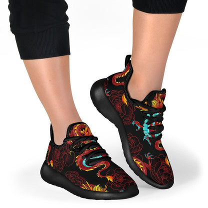 Red Dragon Lotus Pattern Print Mesh Knit Shoes GearFrost