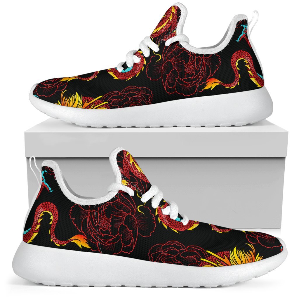Red Dragon Lotus Pattern Print Mesh Knit Shoes GearFrost