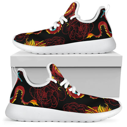 Red Dragon Lotus Pattern Print Mesh Knit Shoes GearFrost
