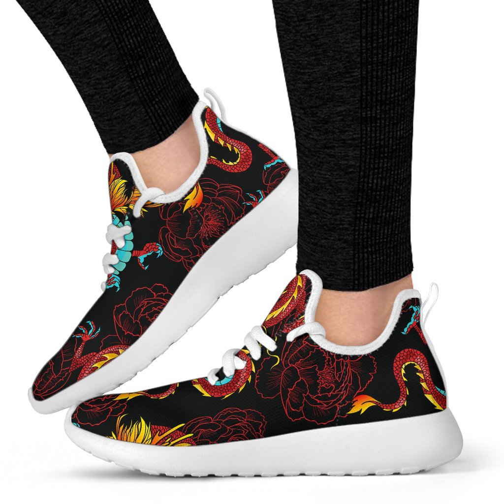 Red Dragon Lotus Pattern Print Mesh Knit Shoes GearFrost