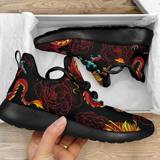 Red Dragon Lotus Pattern Print Mesh Knit Shoes GearFrost