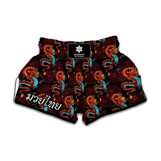 Red Dragon Lotus Pattern Print Muay Thai Boxing Shorts