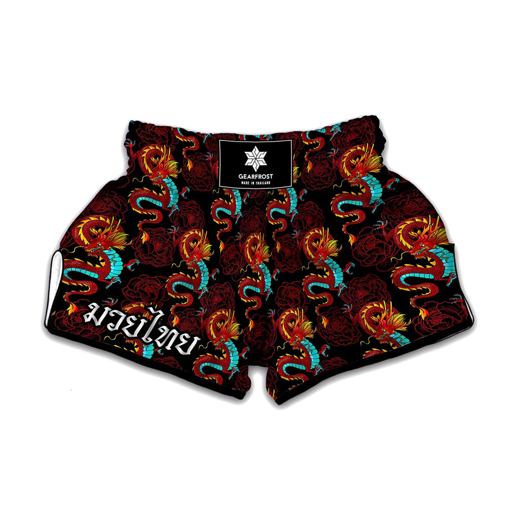 Red Dragon Lotus Pattern Print Muay Thai Boxing Shorts