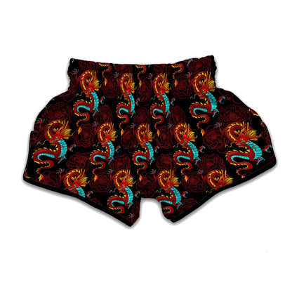 Red Dragon Lotus Pattern Print Muay Thai Boxing Shorts