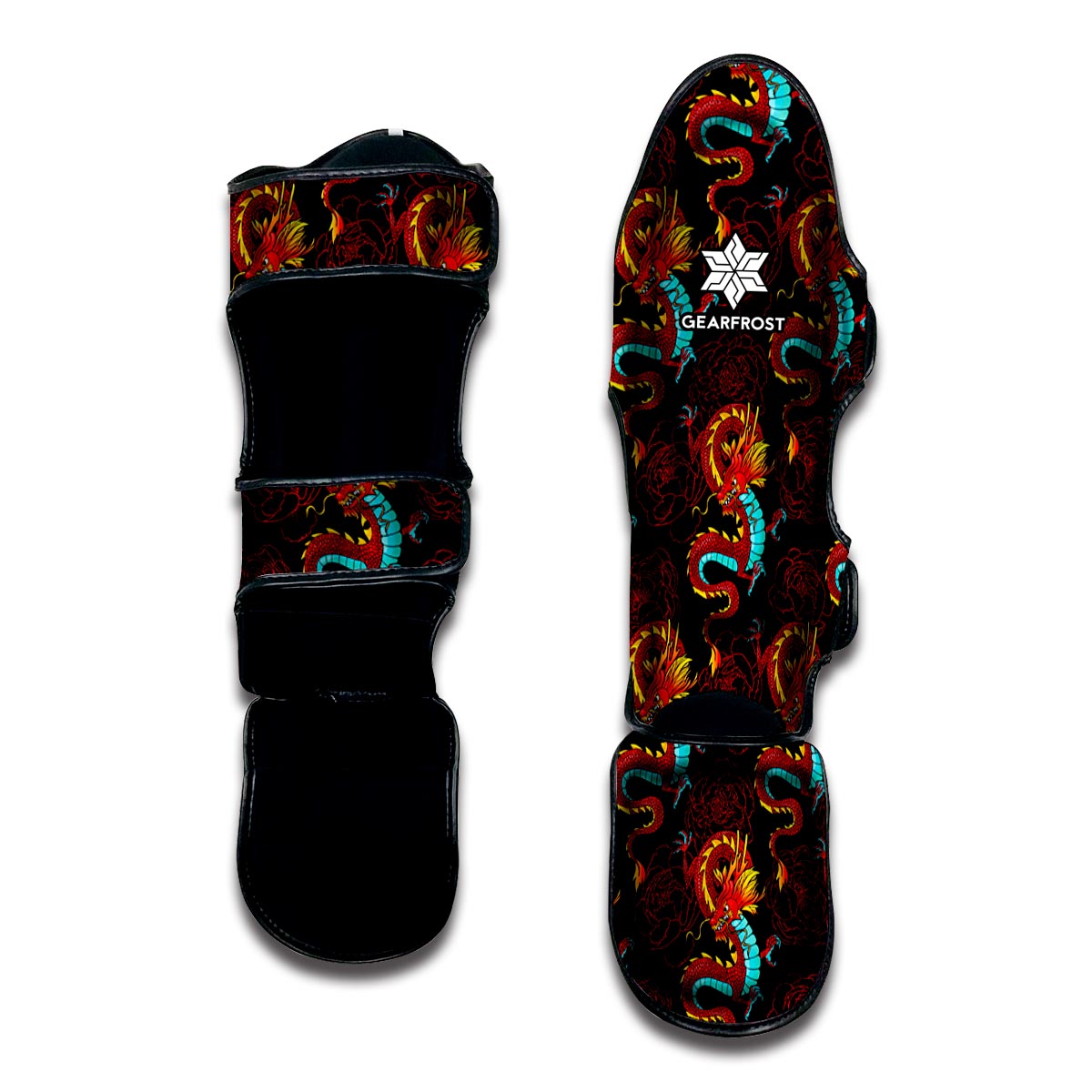 Red Dragon Lotus Pattern Print Muay Thai Shin Guard