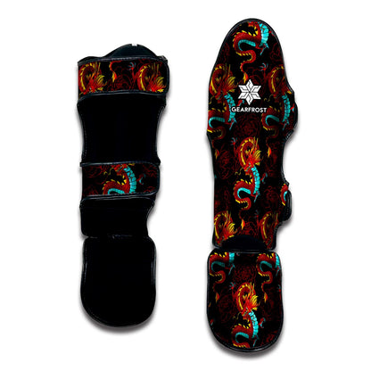 Red Dragon Lotus Pattern Print Muay Thai Shin Guard