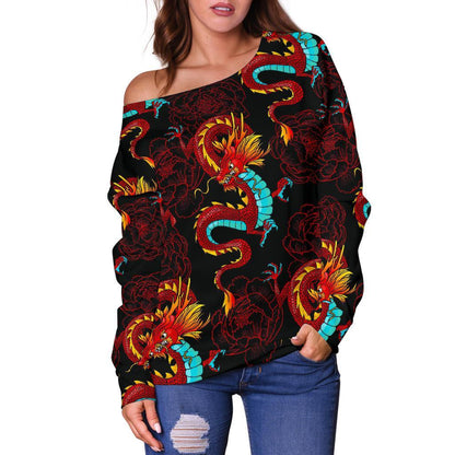 Red Dragon Lotus Pattern Print Off Shoulder Sweatshirt GearFrost