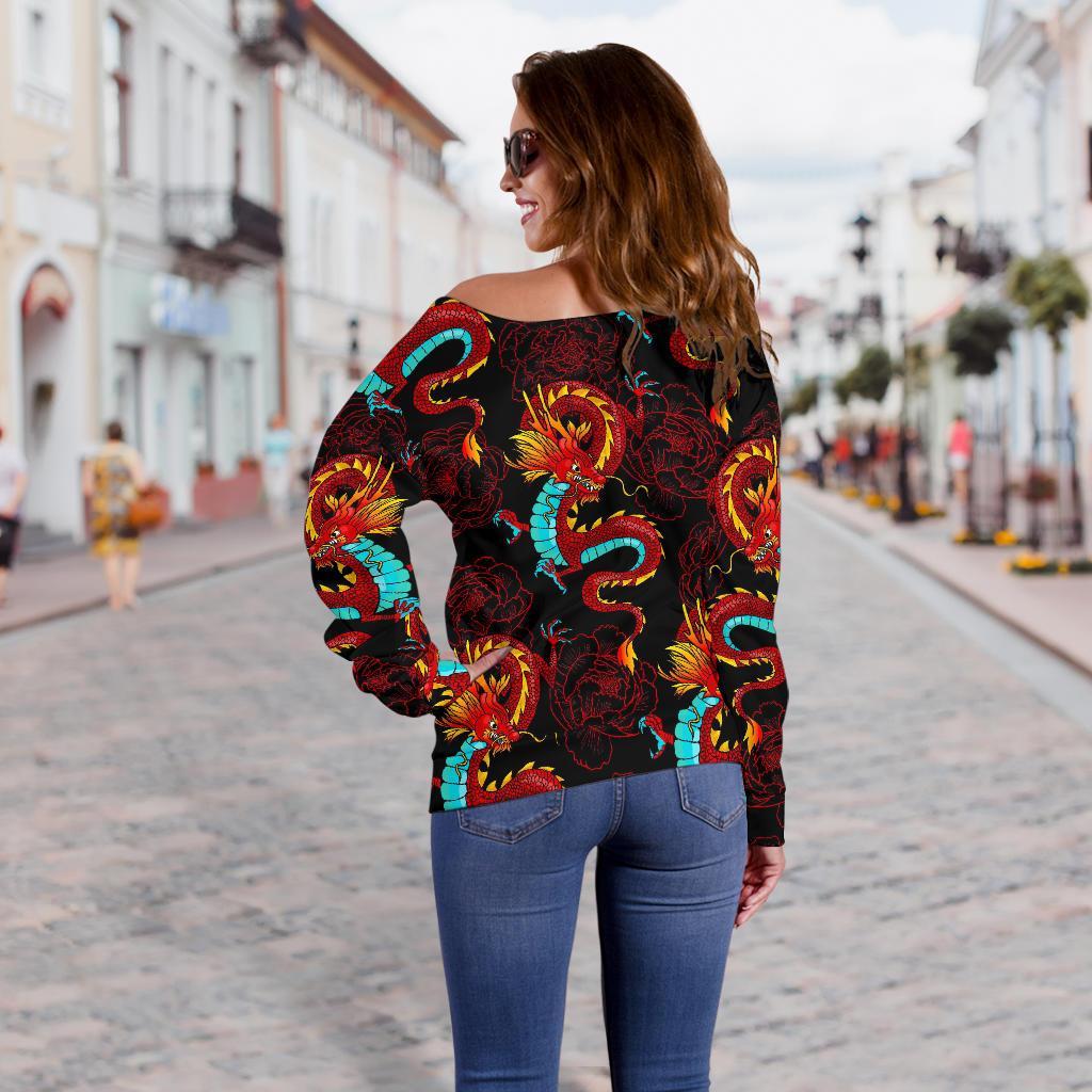 Red Dragon Lotus Pattern Print Off Shoulder Sweatshirt GearFrost