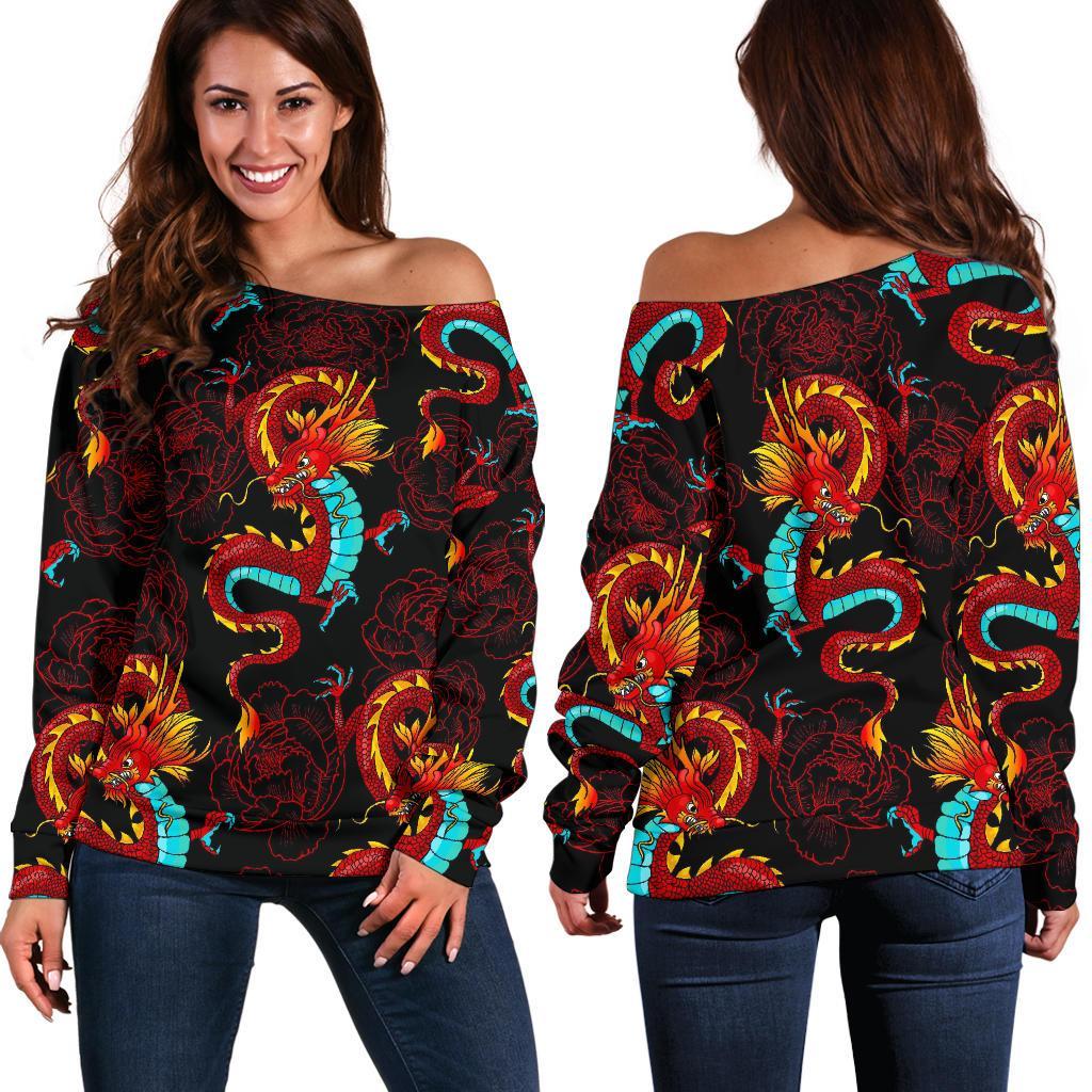 Red Dragon Lotus Pattern Print Off Shoulder Sweatshirt GearFrost