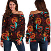 Red Dragon Lotus Pattern Print Off Shoulder Sweatshirt GearFrost