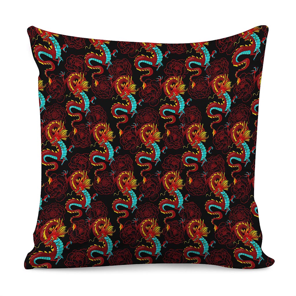 Red Dragon Lotus Pattern Print Pillow Cover