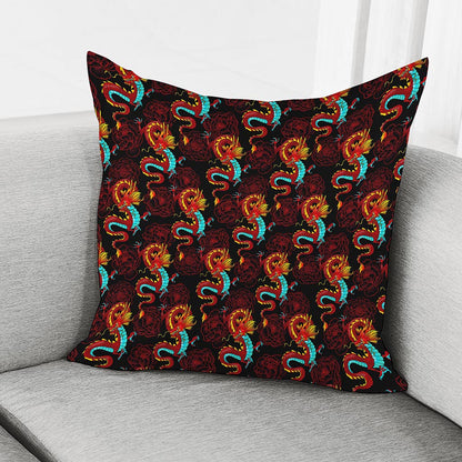 Red Dragon Lotus Pattern Print Pillow Cover